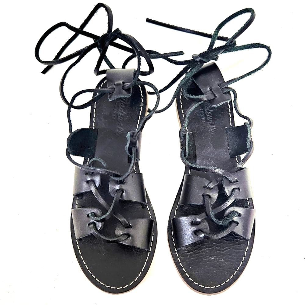Madewell Black Leather Lace Up Gladiator Boardwalk Sandal Flats
